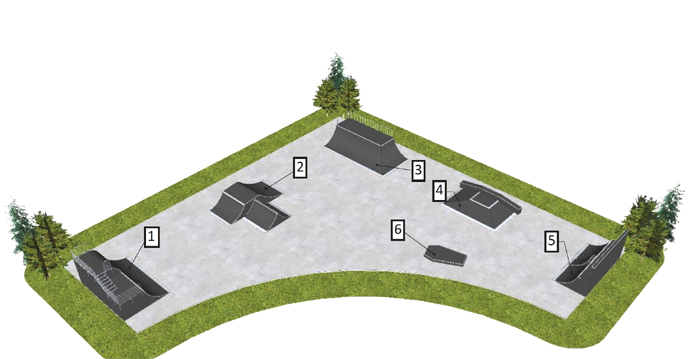 Wizualizacja skateparku w Wyszkowie; 1 - roll-in z quarter pipe, 2 -j + Spin, 3 - quarter pipe + quarter pipe 90st Piramida, 4 - funbox z grindboxem 3/3 + piramida 2, 5 - quarter pipe z mini quarter pipe + wall ride, 6 - manual pad